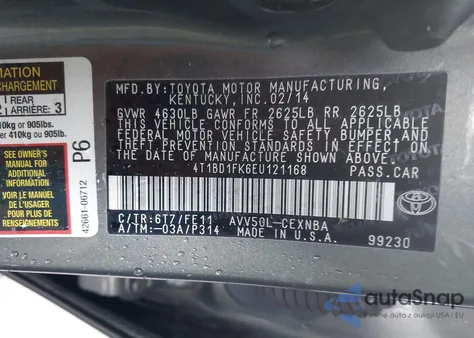 2014 Toyota Camry Hybrid Le from USA, damaged, VIN 4T1BD1FK6EU121168